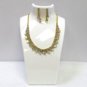 Gold Rhinestone Necklace & Earrings Jewelry Set Bridal Wedding Formal Evening